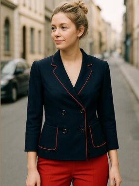 : Rossani Italy Blue Red Trim Wool Blazer Jacket Size 10